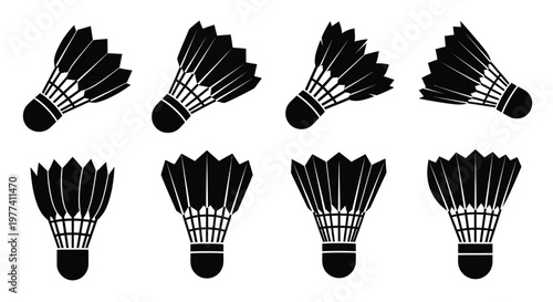 Multiple badminton shuttlecocks displayed in a striking black silhouette
