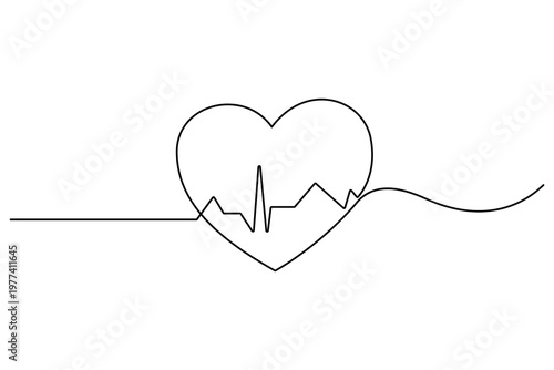 Black single line heart with electrocardiogram waveform