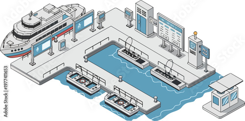 Isometric Automated Electric Ferry Port and Smart Maritime Terminal Illustration