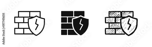 Firewall Security Icons Set - Protected Brick Wall with Shield in Outline, Solid, and Hand-Drawn Styles