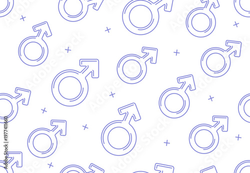 Seamless pattern featuring purple outlined male gender symbols scattered across a white background. Vector illustration