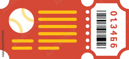 Flat vector illustration of a red baseball game ticket with a barcode, serial number, and a white baseball icon with yellow stitching, perfect for event promotion and sports branding.