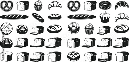 Bakery food black silhouette icon set with bread donut cupcake croissant pretzel and pastry collection isolated on white background