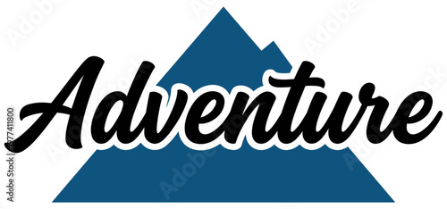 Bold black cursive word Adventure overlaid on stylized blue mountain peaks against a pure white background mountains travel exploration journey outdoors nature hiking camping