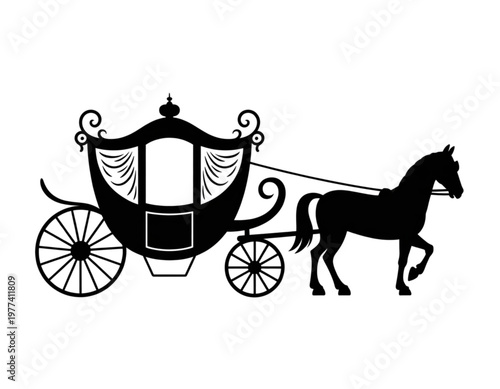 Elegant black horse pulling a classic carriage with intricate detailing Vector