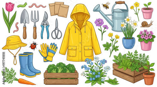 A collection of garden essentials including a yellow raincoat watering can various tools potted plants flowers vegetables and insects like bees and ladybugs gardening boots