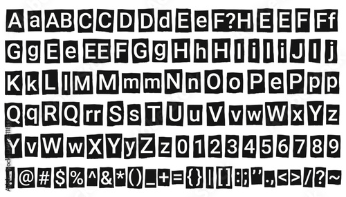A complete set of uppercase and lowercase letters from A to Z including numbers 0 to 9 and various punctuation symbols presented in a cut out magazine style alphabet characters