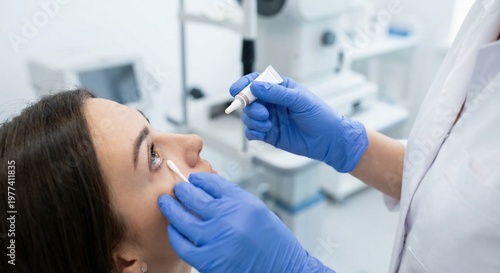 Ophthalmologist applying eye ointment to patient in clinic