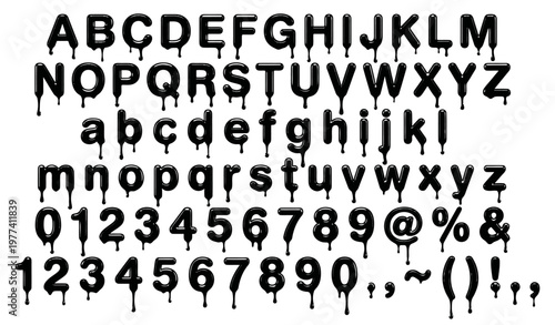 A complete set of dripping black alphabet letters numbers and symbols in a liquid font style presented clearly dripping letters alphabet set typography graphic design text