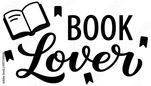 An open book icon above the text Book Lover with decorative corner elements rendered in a bold black graphic style reading books literature literacy knowledge education library