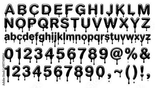 Complete set of black uppercase and lowercase letters numbers and symbols with a dripping liquid effect alphabet lettering font character typeface fluid glossy shiny numeral