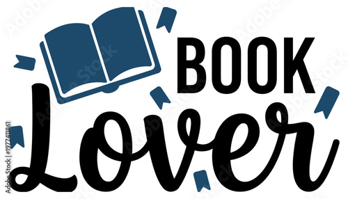 An open book illustration with Book Lover text and decorative blue ribbon accents conveying a passion for reading books reader literature library knowledge education study