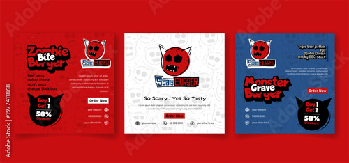 Set of social media post template for burger food advertisement in red white and blue background