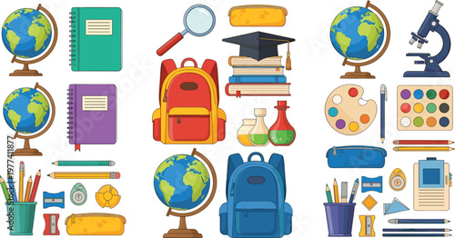 School education supplies collection with backpack books globe microscope and stationery flat vector illustration set for learning and classroom design