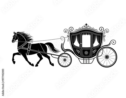 Elegant black horse-drawn carriage with two horses and passengers Vector