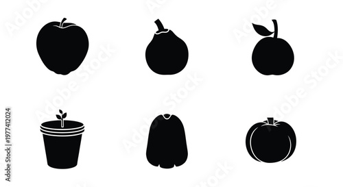 Black silhouettes of fruits and plants against a white background silhouette