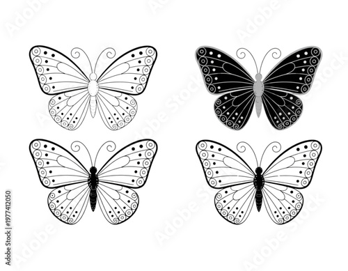 Four stylized black and white butterflies in symmetrical arrangement Vector