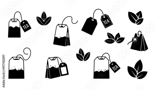 Minimal tea bag icon set herbal drink symbol silhouette vector illustration