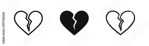 Broken Heart Icon Set. Heartbreak and Divorce Symbol in Outline, Solid, and Hand-Drawn Styles