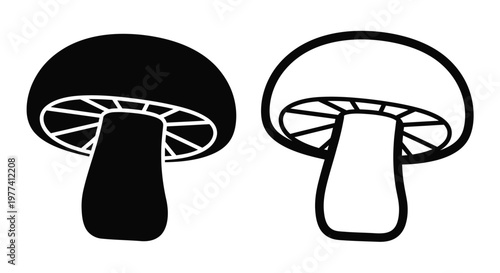 Two mushroom illustrations presented as a bold black silhouette