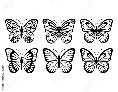 Six stylized black and white butterflies in symmetrical formation Vector