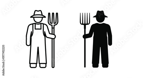 Farmer with pitchfork shown in both outlined and solid silhouette