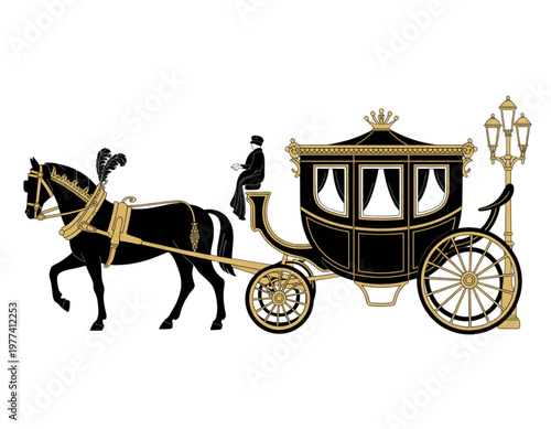 Obraz na płótnie Elegant vintage horse-drawn carriage with two black horses and a coachman Vector