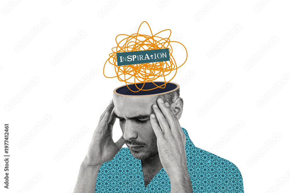 Fototapeta premium Composite collage picture image of&nbsp;young man chaos minded inspiration art brainstorming&nbsp;bizarre unusual fantasy billboard comics