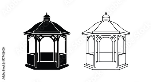Two gazebo designs one filled and one outlined a black silhouette