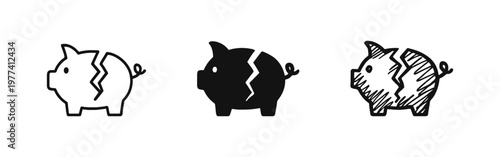Broken Piggy Bank Icon Set. Financial Loss and Savings Crash Symbol in Outline, Solid, and Hand-Drawn Styles