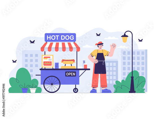 Woman pushing a food cart in a busy urban street Vector
