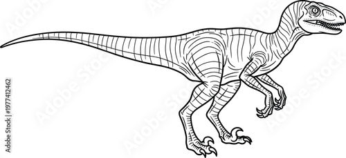 Velociraptor Dinosaur Raptor Line Art Vector Illustration Featuring a Prehistoric Predator with Detailed Scales and Sharp Claws for Coloring Pages, Education, and Ancient Wildlife Design.