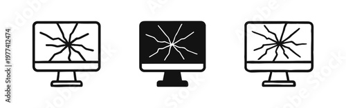 Broken Computer Monitor Icon Set. Cracked Screen or Display Damage Symbol in Outline, Solid, and Hand-Drawn Styles