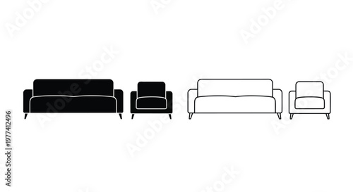 Modern sofa and armchair set in a minimalist black and white silhouette