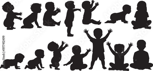 silhouettes babies and toddlers in various poses set, crawling, sitting, and standing. vector