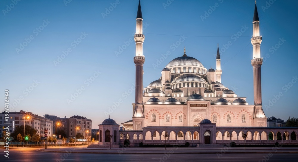 Fototapeta premium Kocatepe Mosque in Ankara, Turkey at dusk with clear sky.