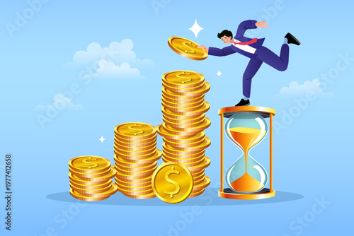 Compound interest and time value of money concept. Businessman character stacking gold coins on an hourglass for long term investment and retirement planning concepts.