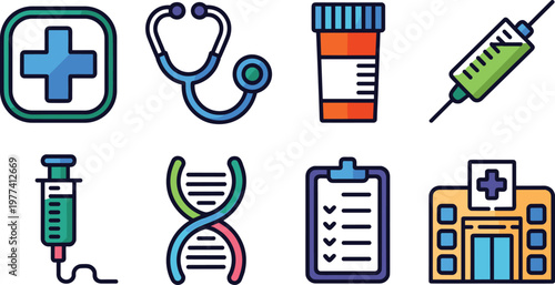 Medical healthcare hospital icon set colorful flat vector collection for medicine equipment syringe dna pharmacy treatment concepts design