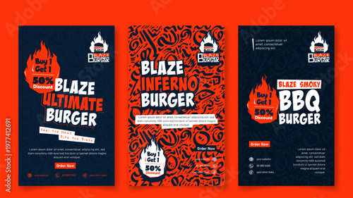 Social media post template in portrait design with flat fire blaze concept in blue and orange