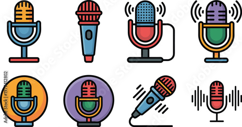 Microphone audio recording icon set colorful flat vector collection for podcast music studio broadcasting voice technology concepts design