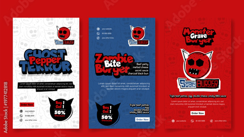 Social media post template in red white and blue design for burger food advertisement