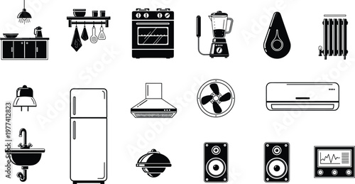 Home appliances silhouette icon set with refrigerator oven blender air conditioner speaker and kitchen equipment isolated on white background