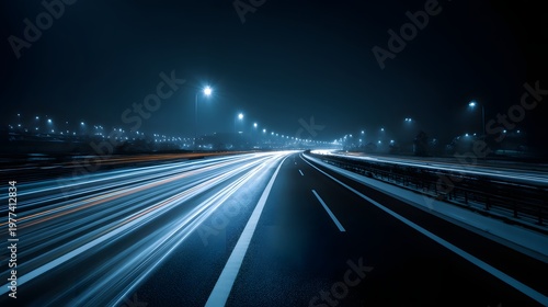 Blurred car lights streak across empty highway at night