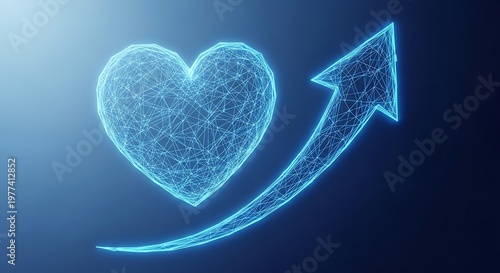 A digital blue heart and upward arrow composed of interconnected lines, on a dark blue gradient
