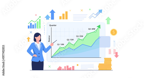 Professional business woman presenting positive quarterly revenue growth chart with upward trending green and blue lines, bar graphs, stacks of coins, and financial data points