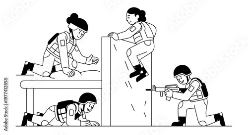 Diverse individuals engaged in tactical training exercises, demonstrating teamwork and agility during obstacle course simulations, featuring crawling, climbing, and aiming with