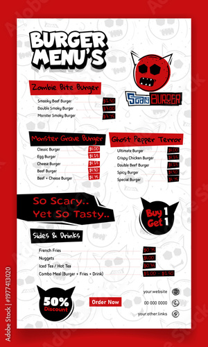 Food menu template in white background with scary character design