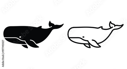 Two whales one black and one white shown in a simple silhouette