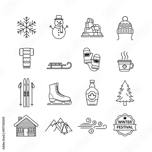 Collection of minimalist outline icons representing winter activities and seasonal elements including a snowflake, snowman, ski resort, knitted hat, scarf, sled, mittens, hot