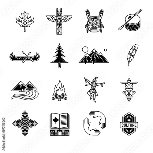 Canadian heritage symbols including maple leaf, totem pole, indigenous mask, drum, canoe, evergreen tree, mountains, feather, campfire, traditional dancer, geometric emblem,